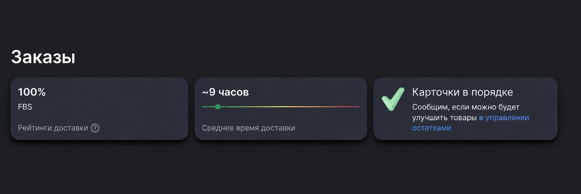 Панель метрик заказов: 100% FBS, ~9 часов среднее время доставки, контроль карточек